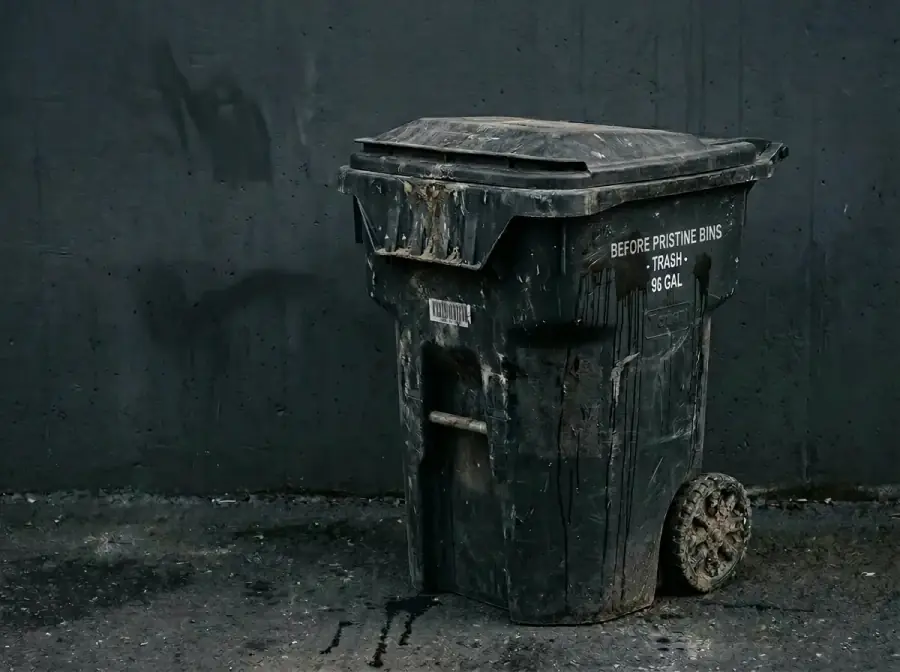 A filthy curbside bin before cleaning